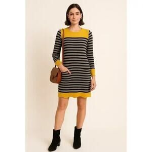 Eliza J Striped Knit Sweater Dress Mustard Yellow Black Pockets Size L Large